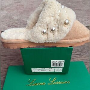 Lauren Lorraine Cream Faux Fur Slippers with Pearls